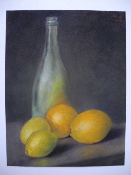 Still life - bottle, oranges and lemons