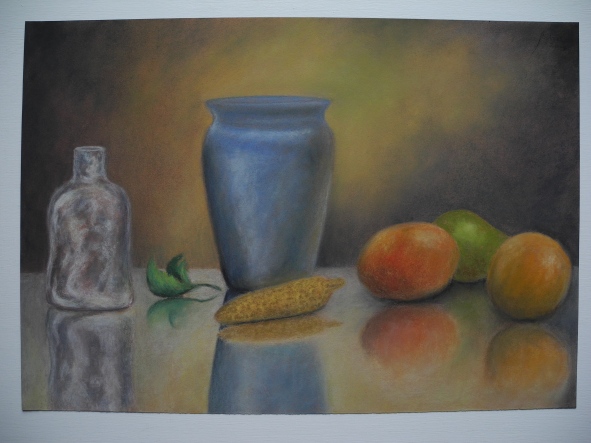 Still life - vase, bottle, fruits and maize