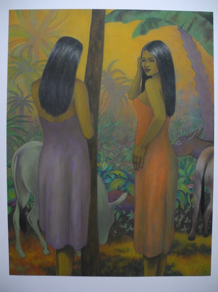 Two women with donkey and mule