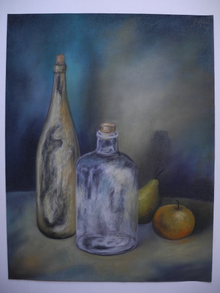 Still life - Two bottles, pear and apple