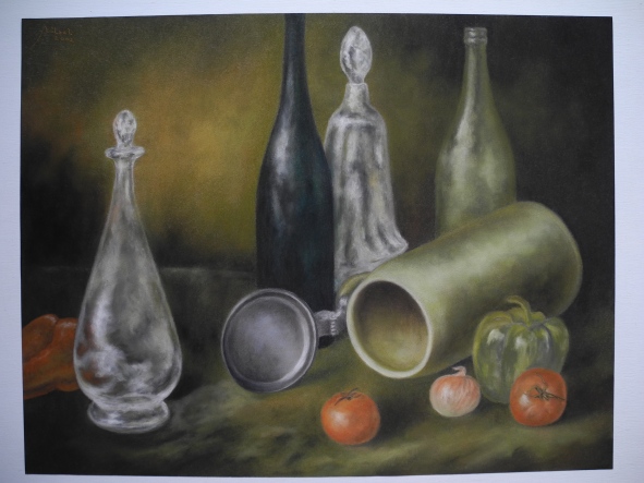 Still life - bottles, jug and vegetables
