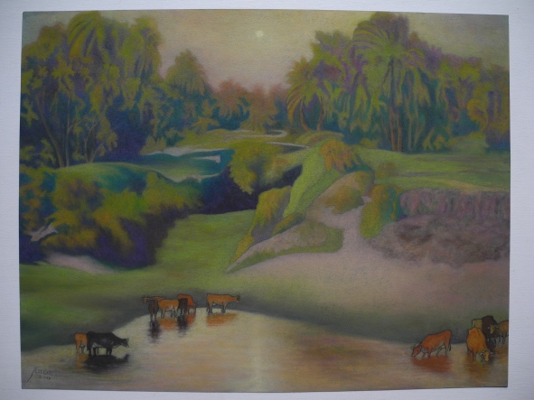 Cattle by the river at dawn