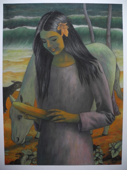 Girl, horse and goat on the beach