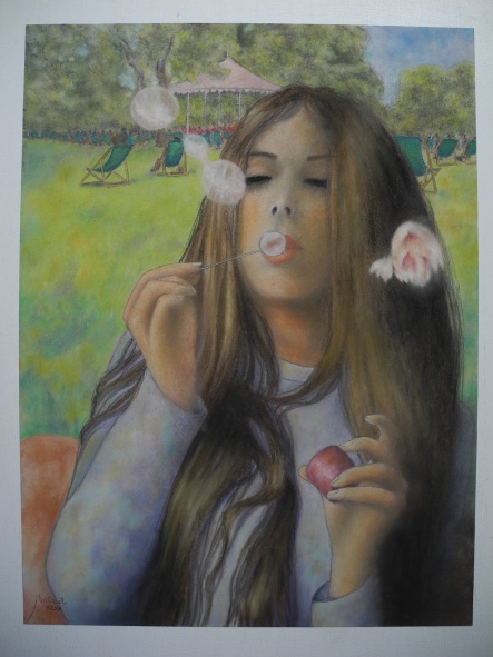 Girl blowing soap-bubbles